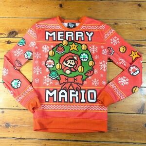 Nintendo Super Mario Bros Men's S Sweatshirt Red Merry Christmas Mario Thinkgeek